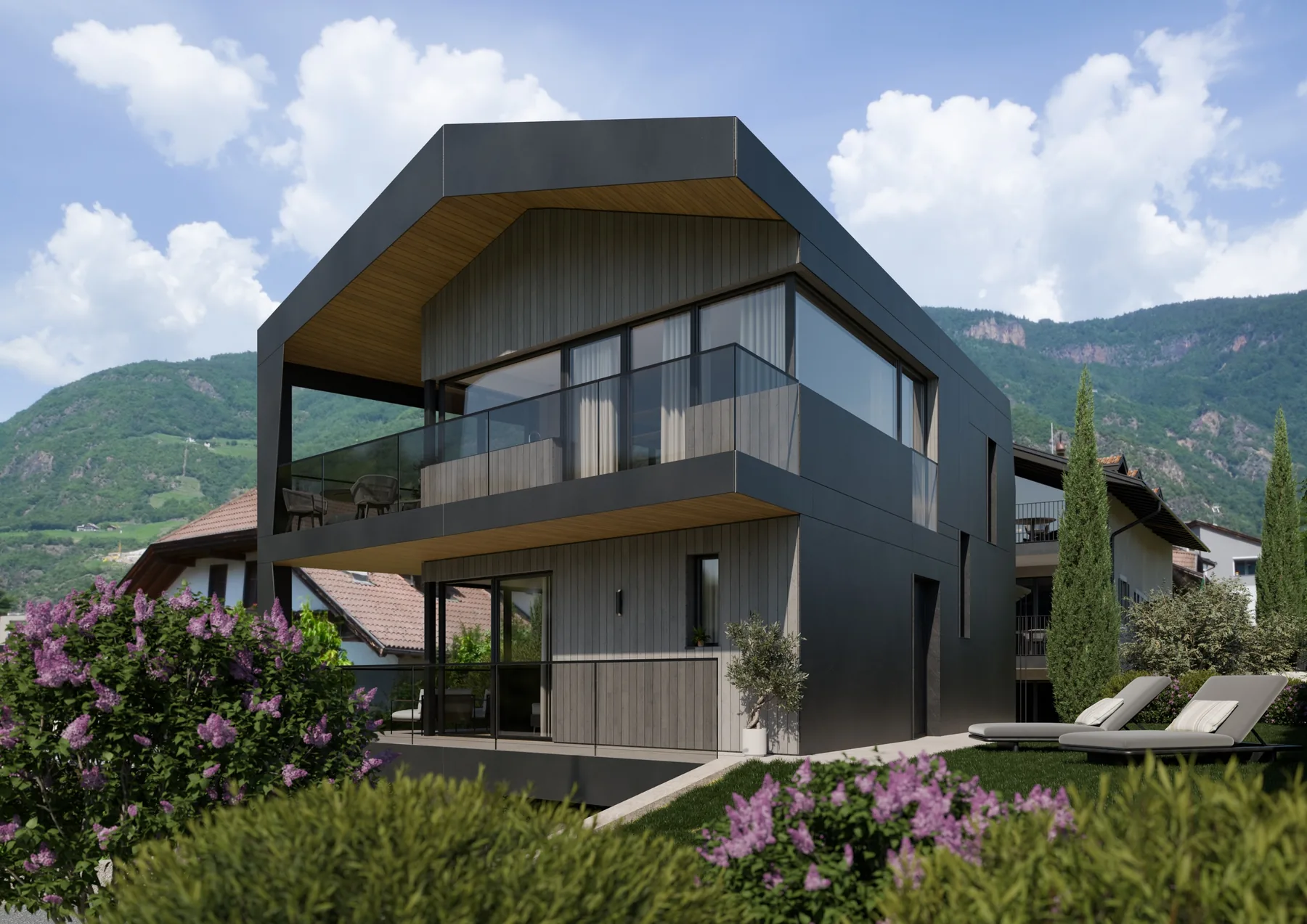 Haus M in Terlan, Ansicht der Villa von der Gartenseite